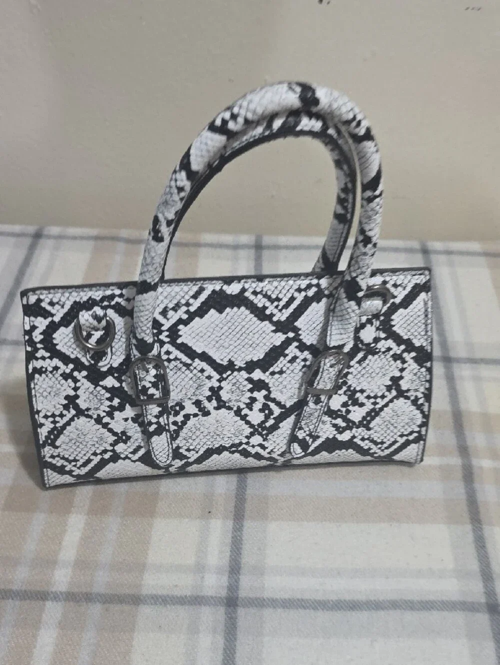 Ed Hardy Black & White Snake-Print Satchel with Red Logo Accent